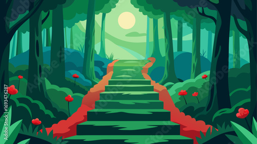 A path through a dense and green forest