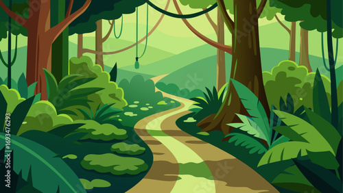 A winding path through a dense green forest