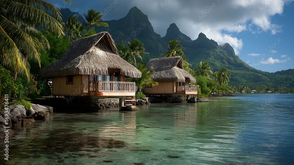 Naklejka premium Overwater bungalows in tropical lagoon with mountains