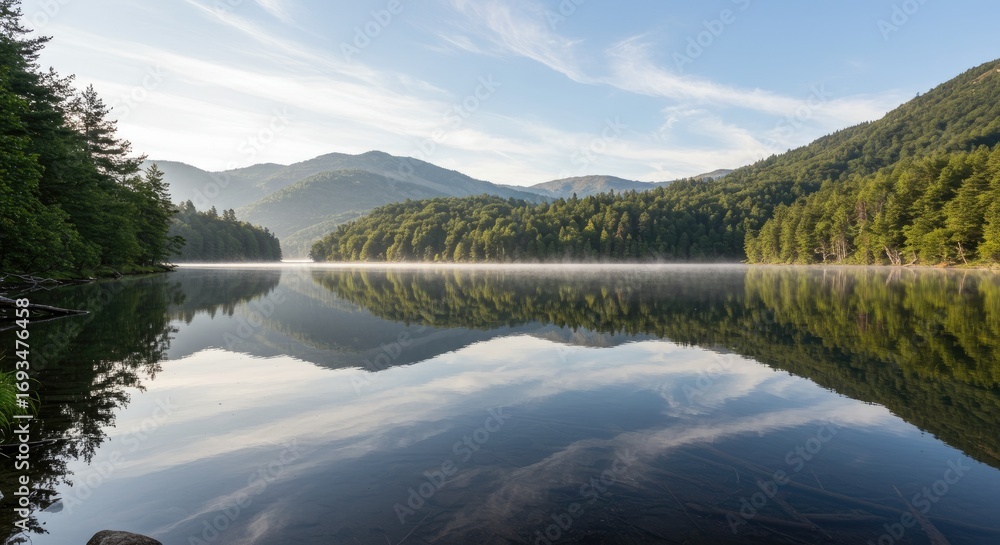 Fototapeta premium Serene Mountain Lake Reflection at Sunrise with Mist