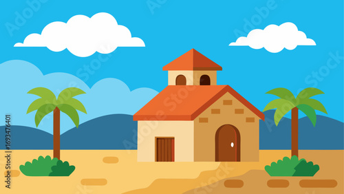 Cartoon house with palms and clouds above