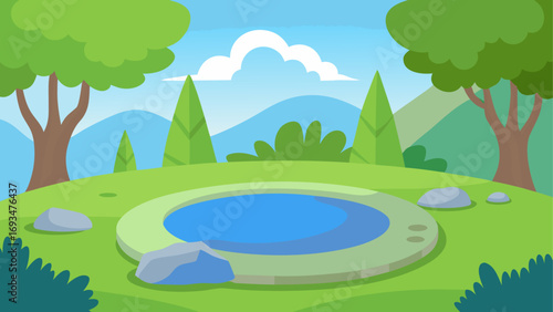 Cartoon landscape with pond and trees scene