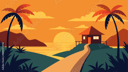 Tropical landscape with house at sunset