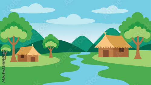 Cartoon village landscape with river view