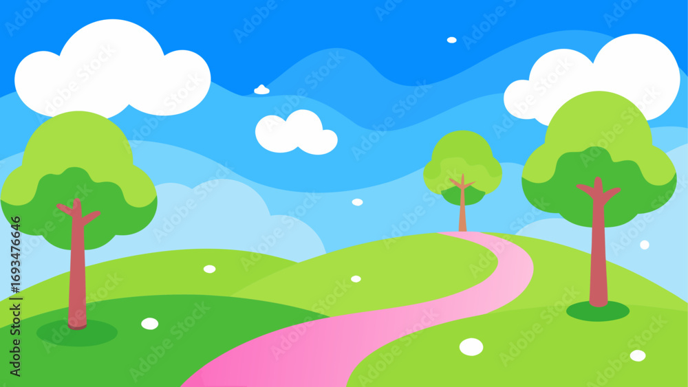 Fototapeta premium Cartoon landscape with path and trees art