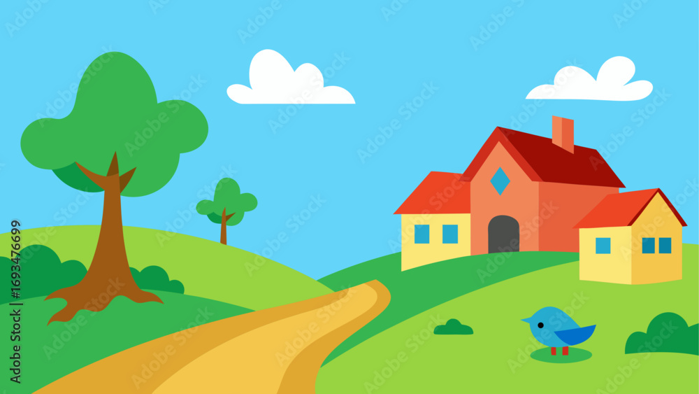Fototapeta premium Cartoon landscape with house and blue bird