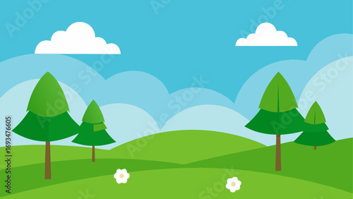 Cartoon landscape with trees and clouds