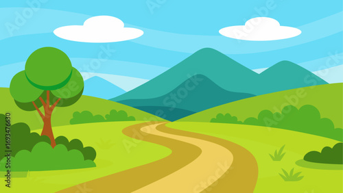 Cartoon landscape with winding path and tree