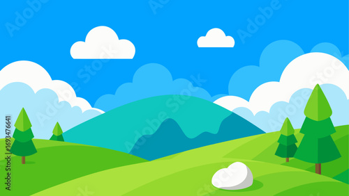 Cartoon landscape with hills and trees art