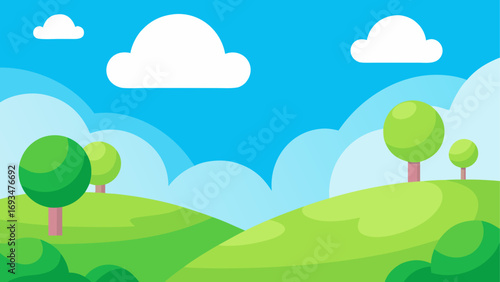 Cartoon landscape with trees and clouds