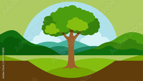 Cartoon tree landscape with green hills