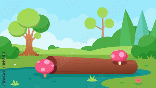 Cartoon scene with log and two mushrooms