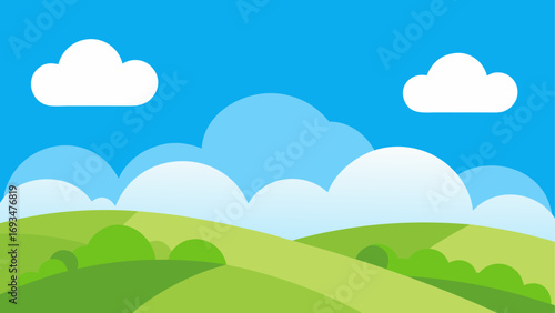 Cartoon landscape with clouds and hills