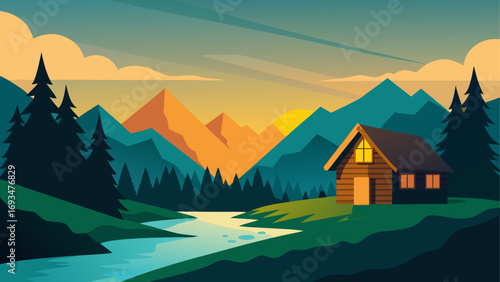 Cabin by river in a mountain landscape