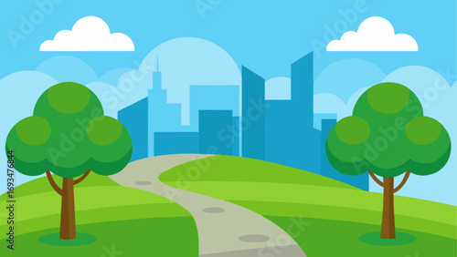 Cartoon landscape with city and trees view