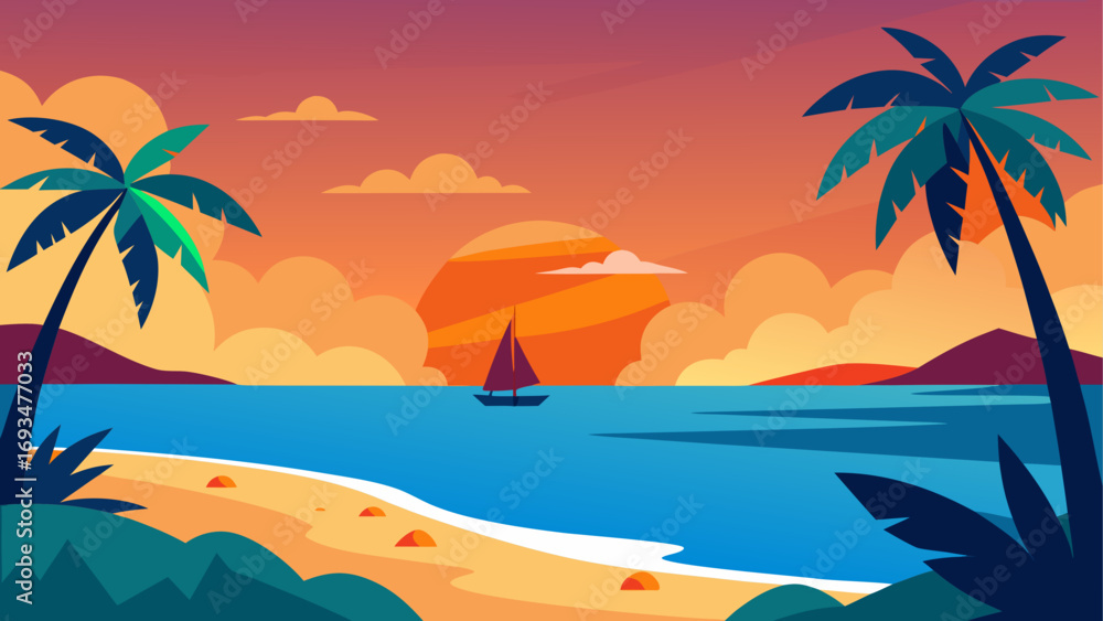 Fototapeta premium Sunset beach scene with palms and sailboat