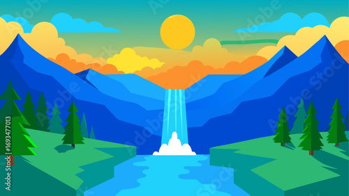 Landscape with waterfall and mountain view