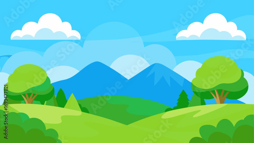 Cartoon landscape with mountains and trees