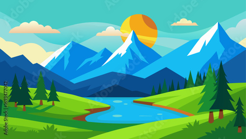 Landscape with mountains trees and a river