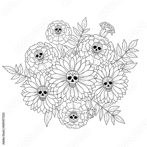 A black and white line art illustration of a floral bouquet with skulls in the center of marigold flowers.