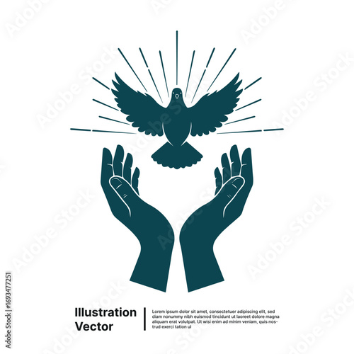 Spiritual concept of hope and freedom with hands releasing a peace dove to the light