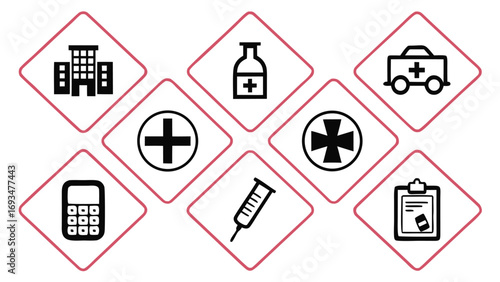 Arrangement of Medical Icons within Red Diamond Shapes healthcare hospital