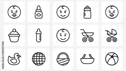 Assortment of baby and childcare icons on a light gray background infant toddler