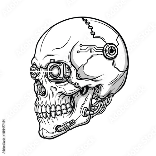 A detailed black and white illustration of a cybernetic human skull with a camera eye.