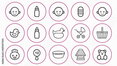 Collection of baby care and toy icons in circular frames infant child