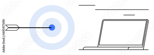 Arrow strikes bullseye next to minimalist laptop, symbolizing accurate goals and digital progress. Ideal for strategy, goal-setting, focus, marketing, innovation, productivity achievement. Simple