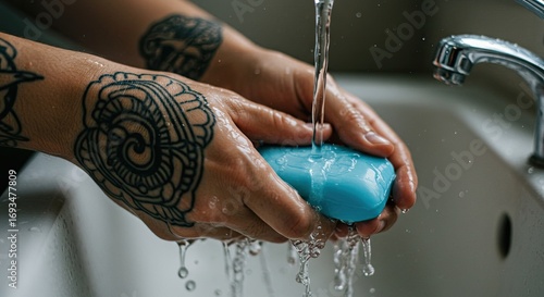 Tattooed Hands Washing with Blue Soap Under Running Water