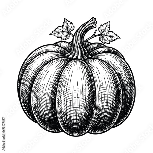 A detailed handdrawn pumpkin illustration in a classic black and white vintage engraving style.