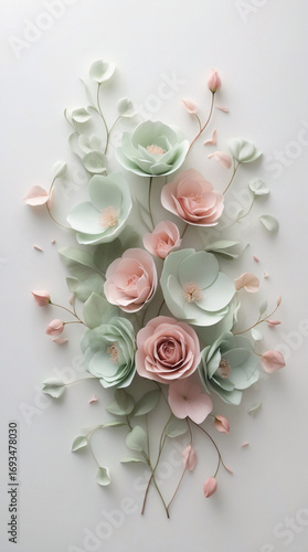 pastel green and pink flower wall decoration bright clean white wall floral frame botanical design suitable for copyspace and text template and wallpaper background