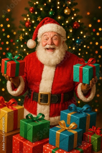 Festive Santa Claus with gift-wrapped presents and Christmas tree backdrop creating holiday celebration scene