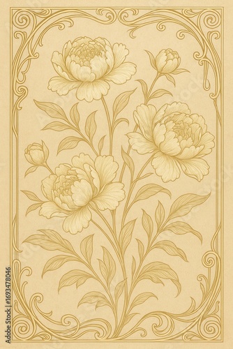Elegant champagne gold botanical illustration with delicate peony flowers and flowing Art Nouveau design elements