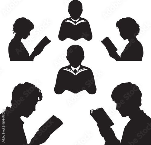 Reader boy and girl silhouette vector art illustration Shapes Collection Isolated on White Background