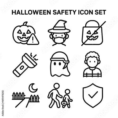 Halloween security precaution vector icons. Outline symbols. Line design