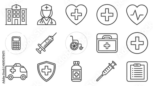 Medical and Healthcare Icons Including Ambulance Syringe and Heartbeat Keywords: medical, healthcare, hospital, nurse, heart, heartbeat, plus sign, ambulance, syringe, wheelchair, first aid kit