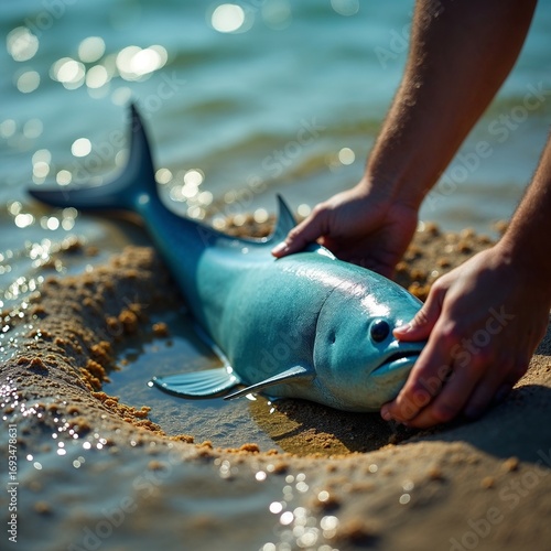 Conceptual photo of a Vaquita fish lying on the beach with little water inside a small hole. The hands holding the  the fish, a symbol of life and hope. Side view,  hyperrealistic, cinematic.