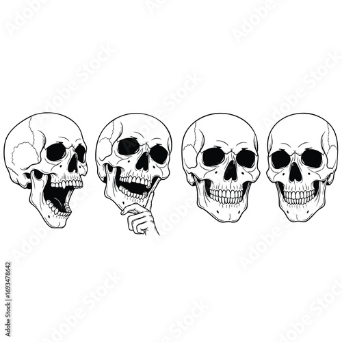 A set of four human skulls with different expressions including screaming thinking and smiling in a black and white line art style.