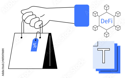 Hand holding paper bag with percentage tag, interconnected DeFi blockchain graphic, and stack of documents. Ideal for e-commerce, online discounts, retail, blockchain, finance, paperless systems