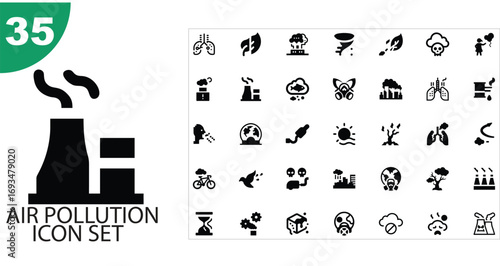 Comprehensive air pollution icon set for environmental awareness and industrial impact graphics