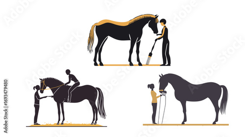 Vector Person Grooming Horse Silhouette – Black Equine Care Illustration for Farm, Ranch, Animal Husbandry, Equestrian, and Horse Training Design
