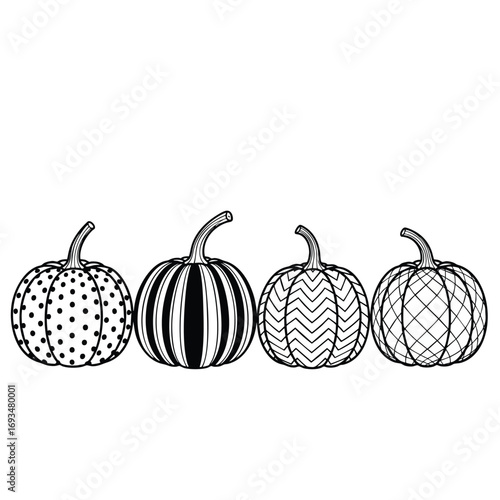 Black and white line art illustration of four decorative pumpkins with unique geometric patterns.