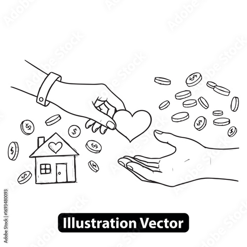 Charity and donation concept with a hand giving a heart for home and financial aid
