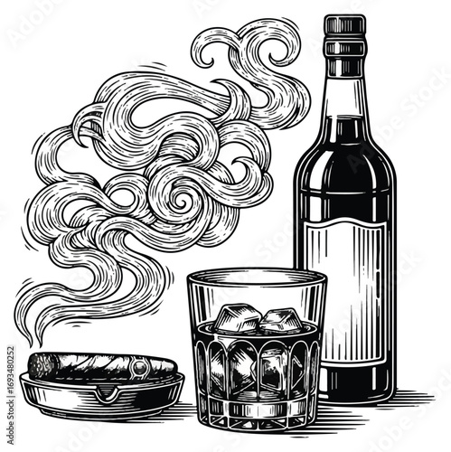 Engraving of a glass of whiskey, cigar, and bottle.