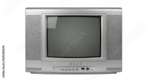 Early 2000s Silver CRT Television on White Background, Retro TV Flat Screen Style. vintage television, retro tv monitor frame, analog screen, old school design. Clipping path.