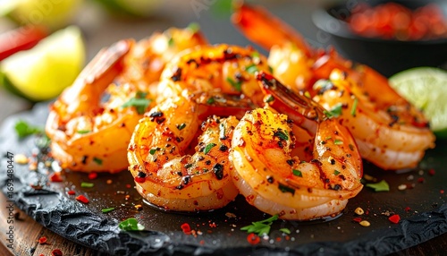 Prawns Shrimps roasted on pan with lemon and garlic on dark rustic background. top view