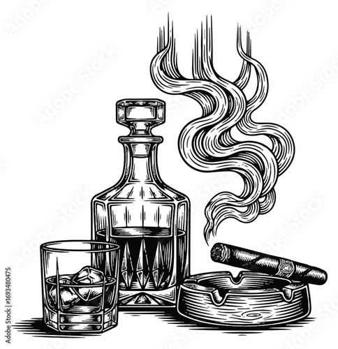 A vintage black and white engraving of a glass of whiskey on the rocks, a decanter, and a lit cigar in an ashtray with rising smoke.
