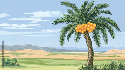 Detailed Colorful Vector Palm Trees in Desert – Vibrant Tropical Landscape Illustration with Exotic Oasis, Sand Dunes, and Nature Elements for Creative Design Projects